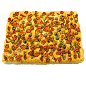 FOCACCIA ARTIGIANALE CON OLIVE VERDI E POMODORINI