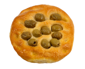 FOCACCIA ARTIGIANALE TONDA CON OLIVE E OLIO EXTRA VERGINE DI OLIVA